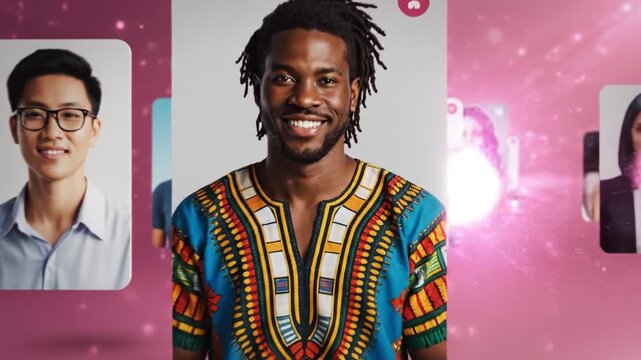 Smiling man wearing colorful dashiki portrait front of blurred profile cards pink background conveying friendly social connection and diversity elderly woman portrait smiling with pearl necklace