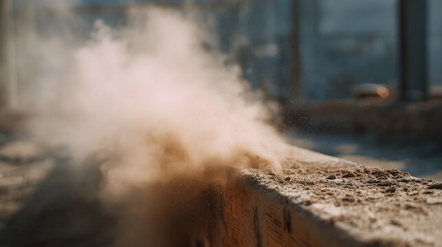 Intense dust storm erupts from a rough weathered wooden surface suspended in the air in an outdoor industrial or construction environment