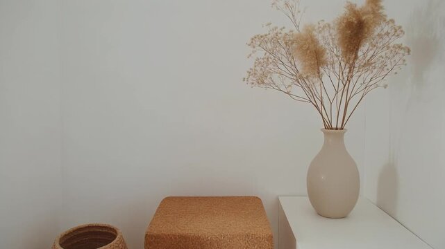 A serene still life composition featuring plants and vases in cinematic motion on a white table against a minimalist white background from a front viewpoint