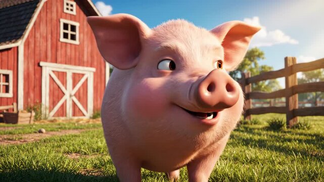 Cute cartoon pig standing in front of a red barn on a sunny day.