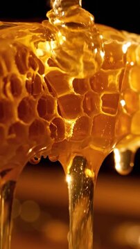 Extreme close-up of thick, golden honey dripping slowly from a natural honeycomb, illuminated by warm, high-contrast light, emphasizing the viscous te