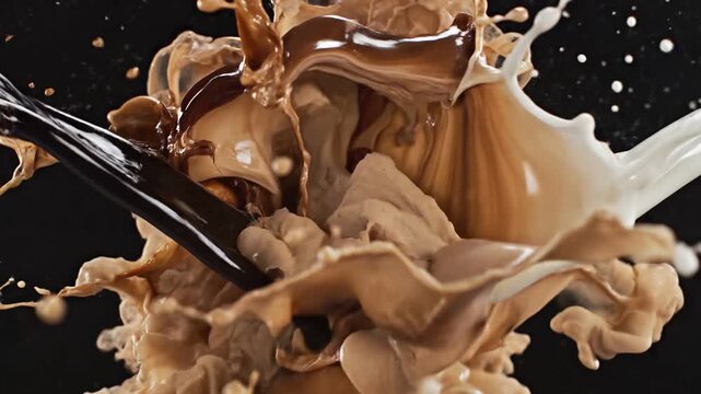 High-speed cinematic splash captured as rich brown liquid and creamy white milk collide simultaneously, creating dynamic crowns and fluid patterns aga