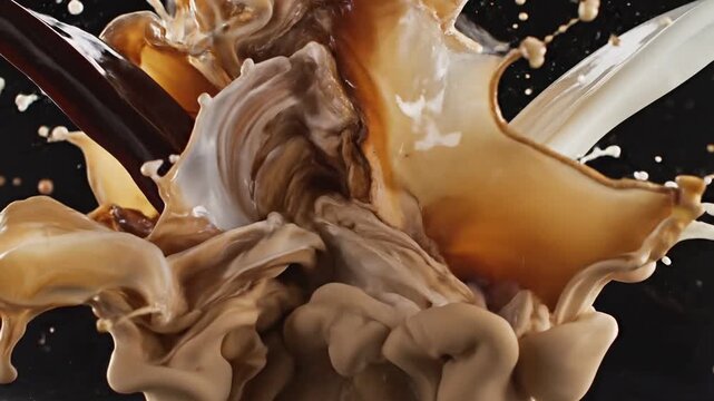 Dramatic close-up of coffee and milk colliding in a high-speed liquid explosion against a black void. Dynamic fluid mixing, macro product shot.