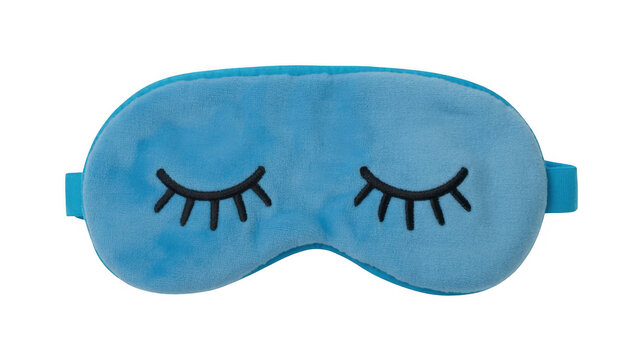 Blue sleep mask with closed eyes eye mask blue fabric isolated on a transparent background