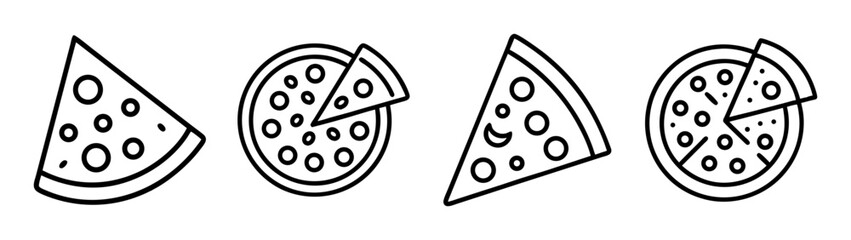 Pizza slice and whole pie outline icons set for fast food apps