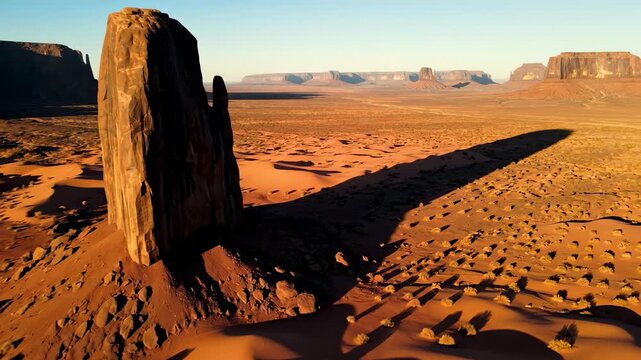 Sweeping aerial drone shot panning slowly over a quiet desert landscape where an impossibly large, dark monolithic boulder casts a tremendous shadow neglected, tremendous, oversight