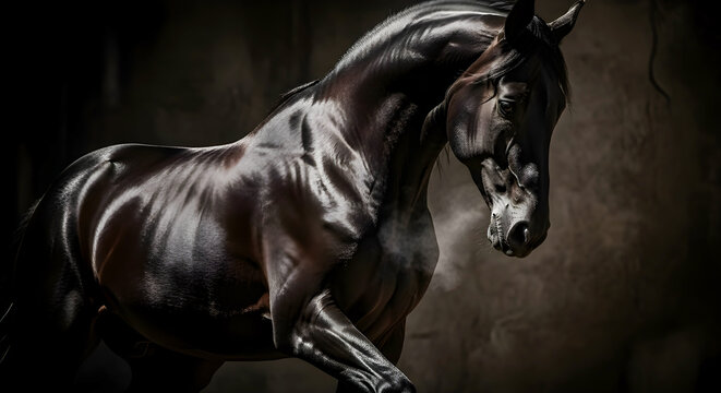 Majestic Black Stallion Horse with Muscular Detail in Dramatic Low Key Lighting