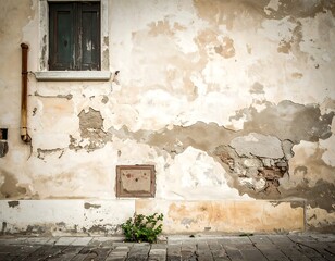 A weathered wall with peeling paint and a small plant