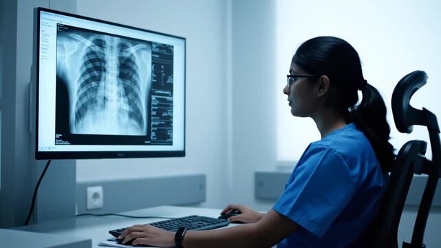 Medical professional examining hand and bone x-rays on a computer screen