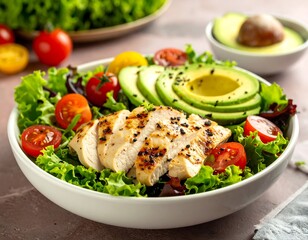 A white bowl filled with mixed greens, grilled chicken, and vegetables