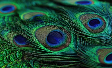 Obraz premium Close-up of vibrant, iridescent peacock feathers with eye-like patterns