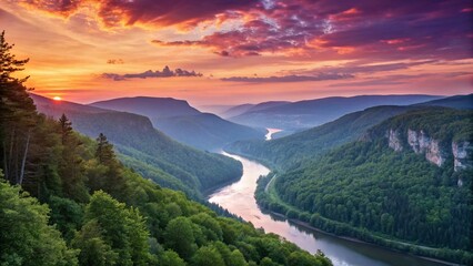 Beautiful Mountains River Nature Landscape with Canyon and Sun at Sunset Sunrise