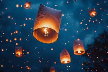 Multiple Glowing Sky Lanterns Floating in Dark Night Sky