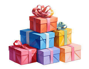 Fototapeta premium Stack of vibrant, paper-wrapped boxes with colorful ribbons, ready for gifting
