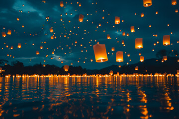 Multiple Glowing Sky Lanterns Floating in Dark Night Sky