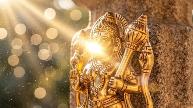 Golden statue of Lord Hanuman basking in sunlight with shimmering background and intricate details captured in a series of