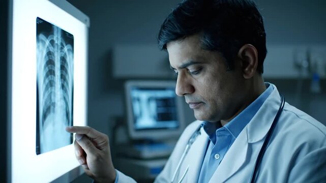 Doctor examines chest x-ray on light box in clinic, medical diagnosis, healthcare concept