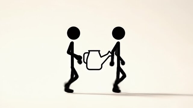 Two Stick Figures Carrying a Teapot Walking on a White Background Animation for Conceptual Art Presentations, White