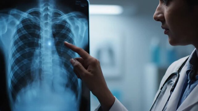 Doctor examines chest x-ray on light box, medical diagnosis concept, close-up