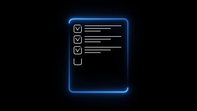 Neon blue checklist document animation with glowing task list and digital workflow interface