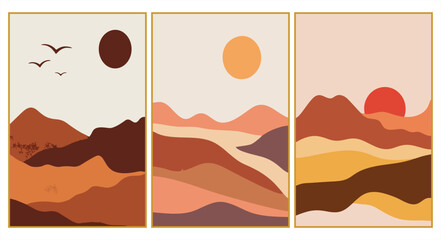 Set of three minimalist mountain landscapes in a warm boho style. Modern flat design posters featuring rolling hills and desert ridges in earthy terracotta, brown, and mustard yellow tones under a set © hadi