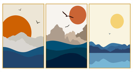 Set of three minimalist mountain and lake landscapes in a modern boho style. Flat design illustrations featuring serene blue water, mountain ridges, and a warm sun with flying birds in navy, teal, and © hadi