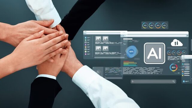 Diverse hands join together above digital screens showcasing AI analytics, emphasizing teamwork and modern technology in a collaborative business environment. Raster