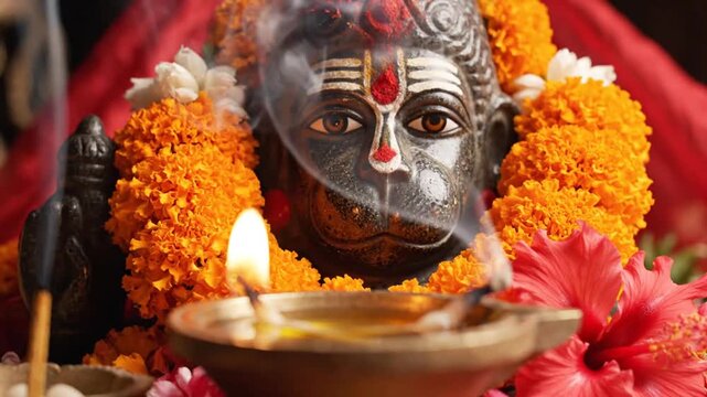 Vibrant Diwali Rituals with Murti Statues Decorated with Marigolds and Oil Lamps