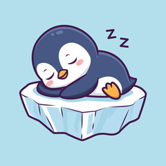 Naklejka premium Cute Cartoon Penguin Sleeping Peacefully on Floating Ice with Z Symbols Vector Illustration