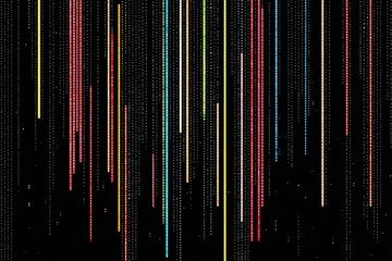 Abstract vertical lines of vibrant colors cascade against a dark, speckled background
