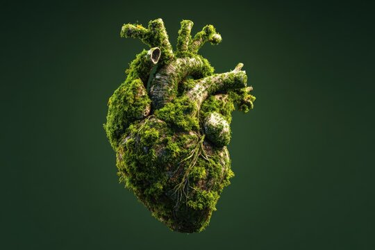 A detailed anatomical heart covered in lush green moss and foliage