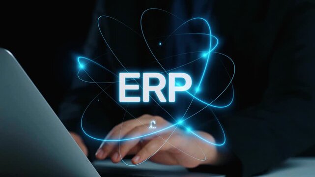 ERP platform visual showing centralized system for enterprise resource planning, improving integration, data flow, business efficiency, finance, inventory, and human resources. Elide