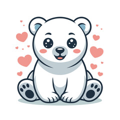 Smiling polar bear cub vector with rosy cheeks and hearts, cute love animal for valentines card, birthday invite, sticker set © BlackVault Designs