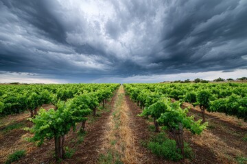 Rows of lush green grapevines under a dramatic, stormy sky