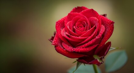 Fototapeta premium A single red rose with dew drops, viewed closely in a garden environment