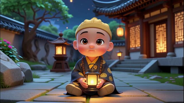 Charming cartoon monk holding a lantern in a traditional courtyard