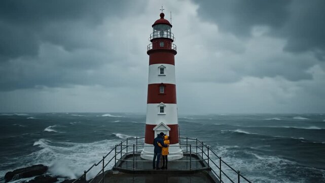 Couple yellow raincoat embrace lighthouse platform beside stormy sea with windblown waves and moody cloudy sky, couple raincoat jacket embrace turbulent coastline lookout with windswept hair
