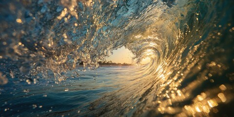 Golden sunlight illuminates a curling ocean wave, viewed from within