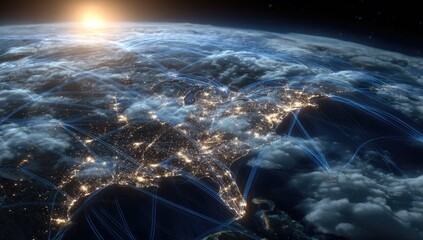 Illuminated planet with glowing networks connecting continents