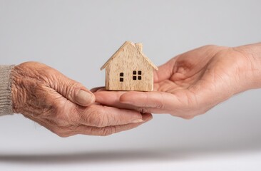 Two hands, one elderly and one younger, share a small wooden house
