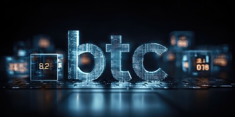 Digital currency symbol with glowing circuit board and data blocks