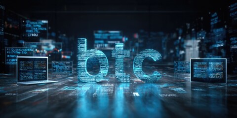 Digital currency symbol btc in abstract futuristic tech background