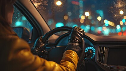 Person wearing gloves driving a car at night with city lights blurred