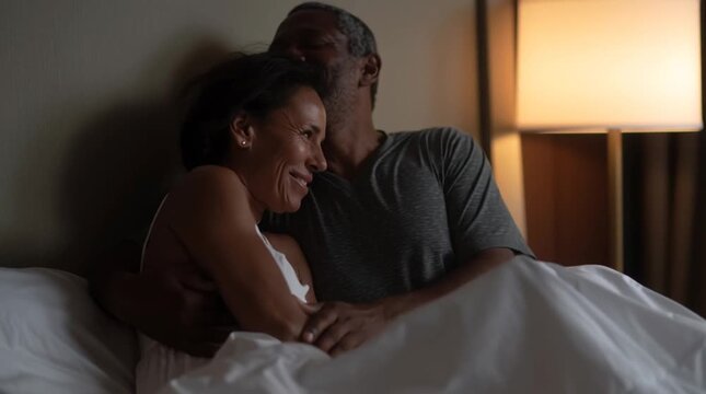 Mature Black couple sharing a romantic moment in bed. Happy senior African Americans: lasting love and connection