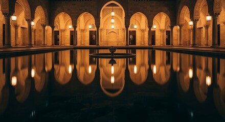 Elegant Indoor Pool in Historic Architectural Style with Warm Lighting and Reflection