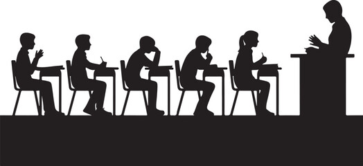 Silhouette of students taking an exam in a classroom