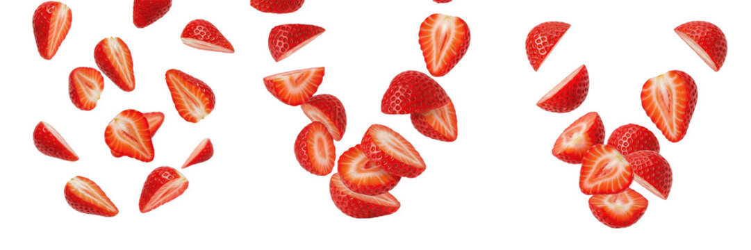 Flying fresh strawberry slices isolated on white background, creative floating red berry fruit segments pattern
