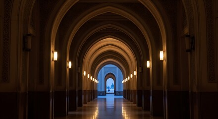 Obraz premium Elegant Archway Corridor with Warm Lighting in Luxurious Building Interior