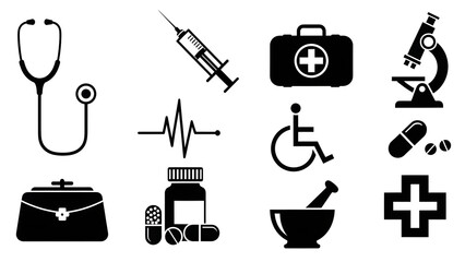 Obraz premium Essential Medical Tools and Pharmaceutical Icons Featuring Stethoscope, Syringe, Mortar and Pestle, and Microscope