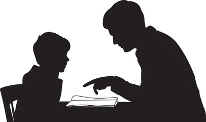 Silhouette of teaching child with open book on table